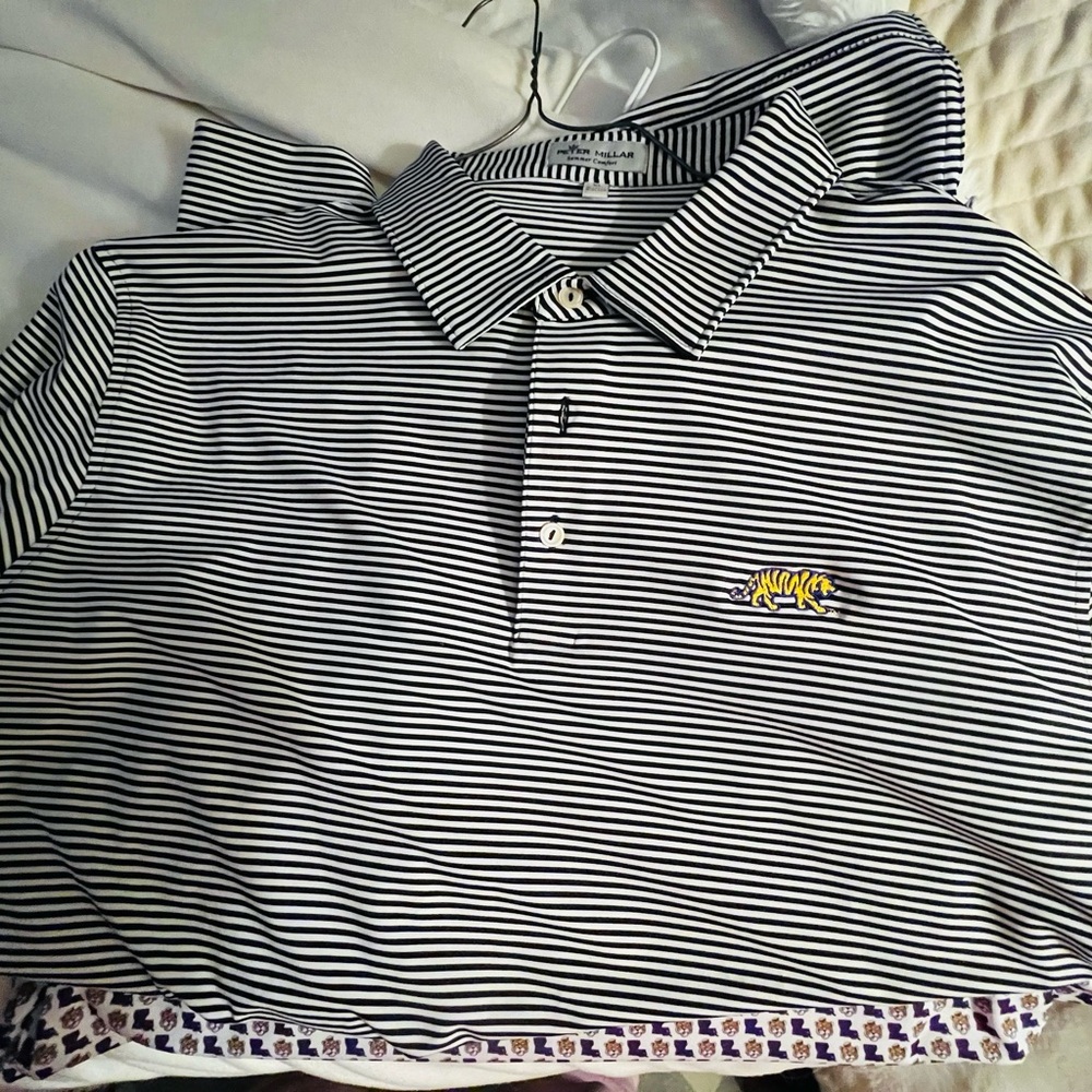 LSU Peter Millar Black and White Striped LSU Polo Shirt. XL. NWOT